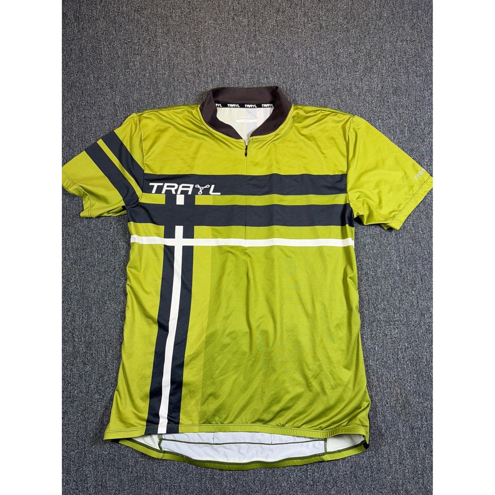 Trayl Mens Cycling Jersey Lime Green Black White Striped Reflective Size M